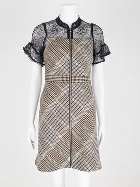 Maje Plaid Zip-Front Mini Dress with Black Lace Yoke